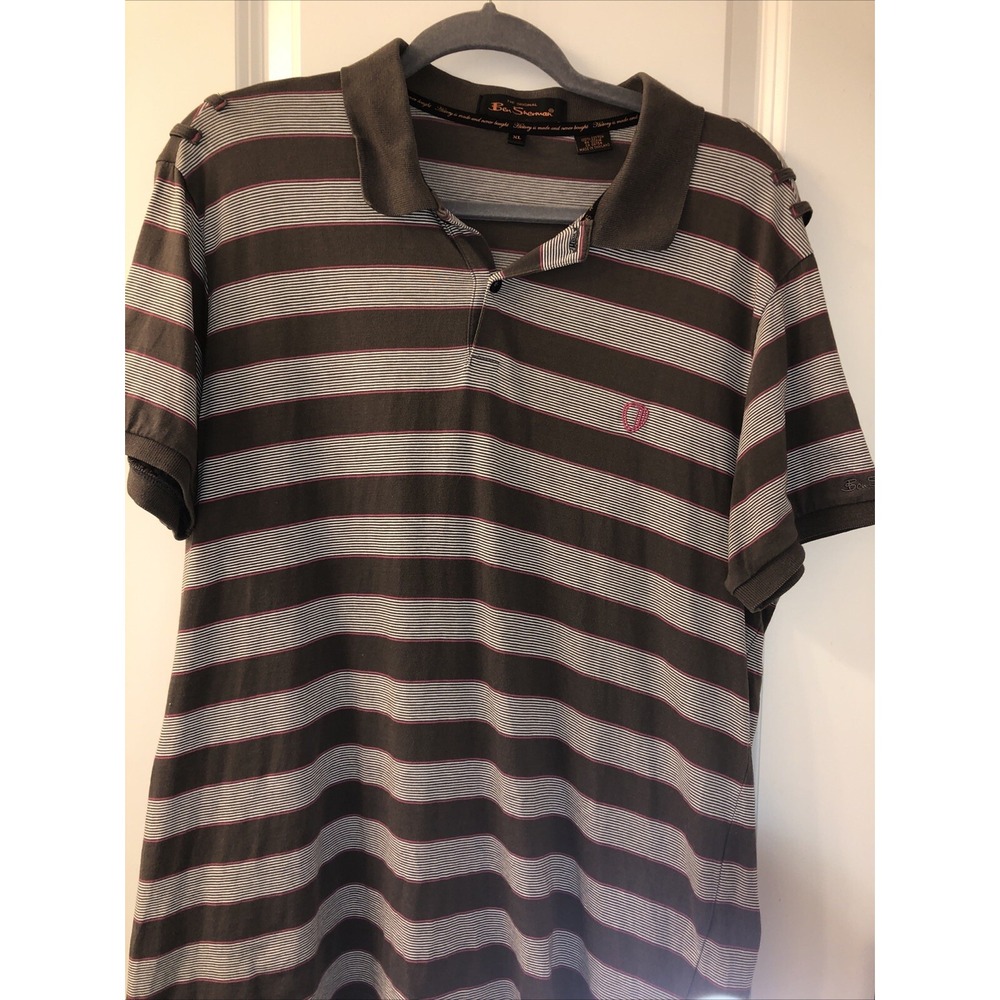 Y2K Ben Sherman Knit Short-Sleeved Shirt XL Striped Brown, White, Pink